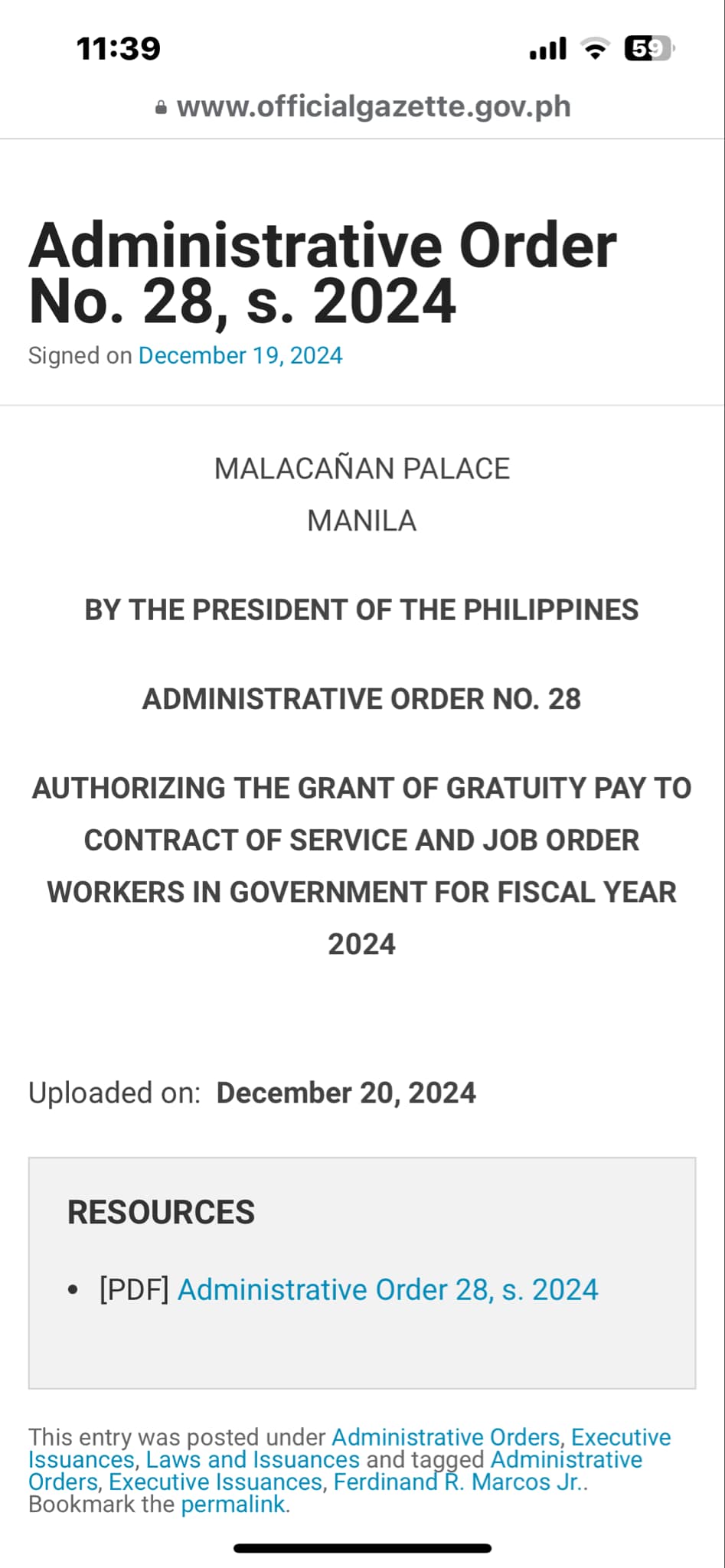 GRATUITY PAY FOR CONTRACTUAL AND JOB ORDER WORKERS APPROVED FOR FY 2024